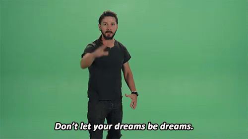 a man is standing in front of a green screen and saying `` don 't let your dreams be dreams ''