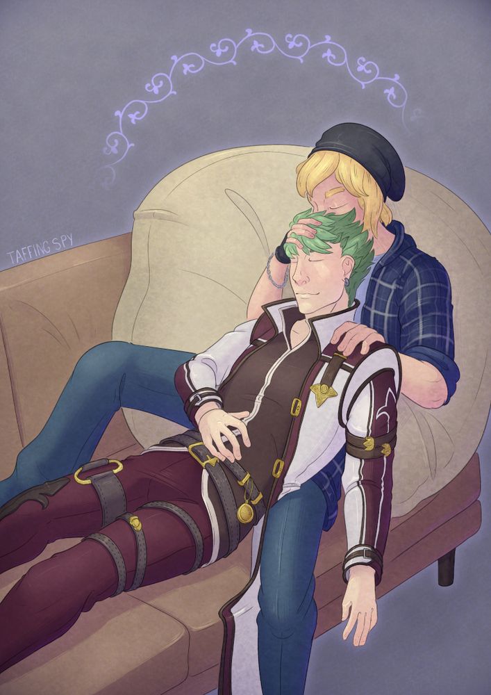 art of kevin graham and an insert relaxing on a couch. kevin is laying back into insert while he pets kevin's hair and gives him a lil kiss.