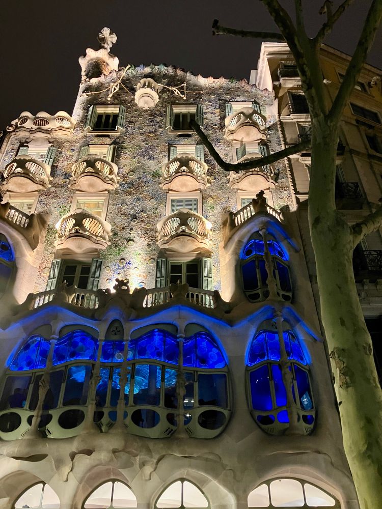 Casa Battlo, a famous Gaudi-building, by night 