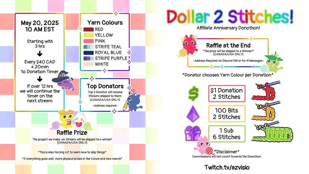Dollar 2 Stitches - Affiliate Anniversary Donothon! May 20th at 10 AM EST
Streaming at https://www.twitch.tv/azvisio