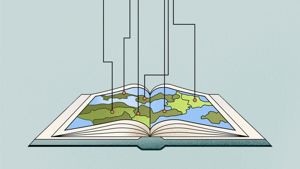 An illustration of an open book, showing a map of the world. Pins in the map lead to lines going past the top of the image, suggesting a reader getting information.