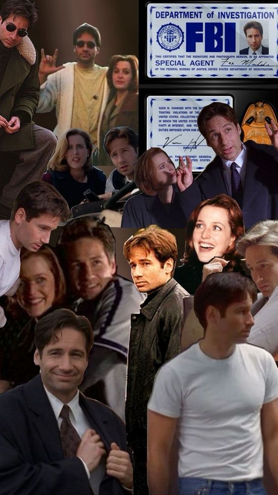 A collage of the X files characters Mulder and Scully. Top right words are “DEPARTMENT OF INVESTIGATION FBI SPECIAL AGENT FOX MULDER”
