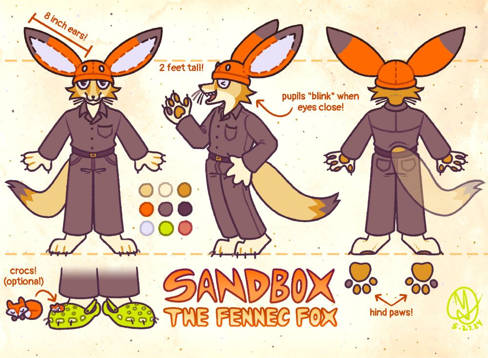 Reference sheet for Sandbox, a yellow anthro/furry fennec fox who wears a brown shirt and pants with a belt, a bright orange fox hat, and has bright green crocs with a fox charm on them!