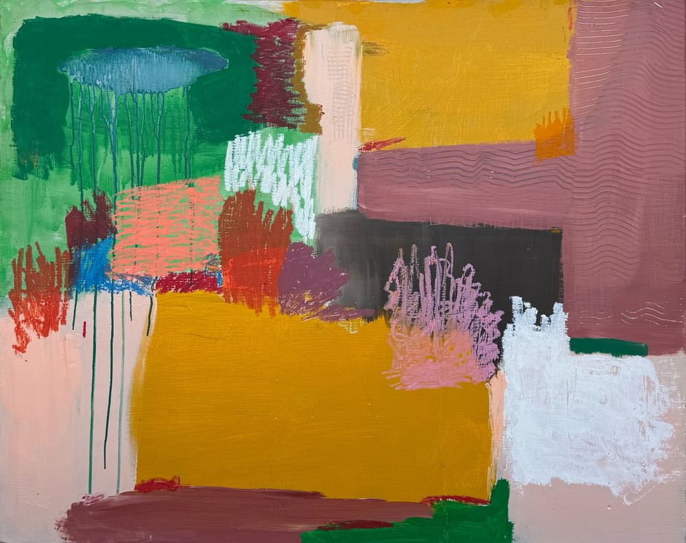 Abstract painting with rectangular color blocking and oil pastel expressive scribbles. 