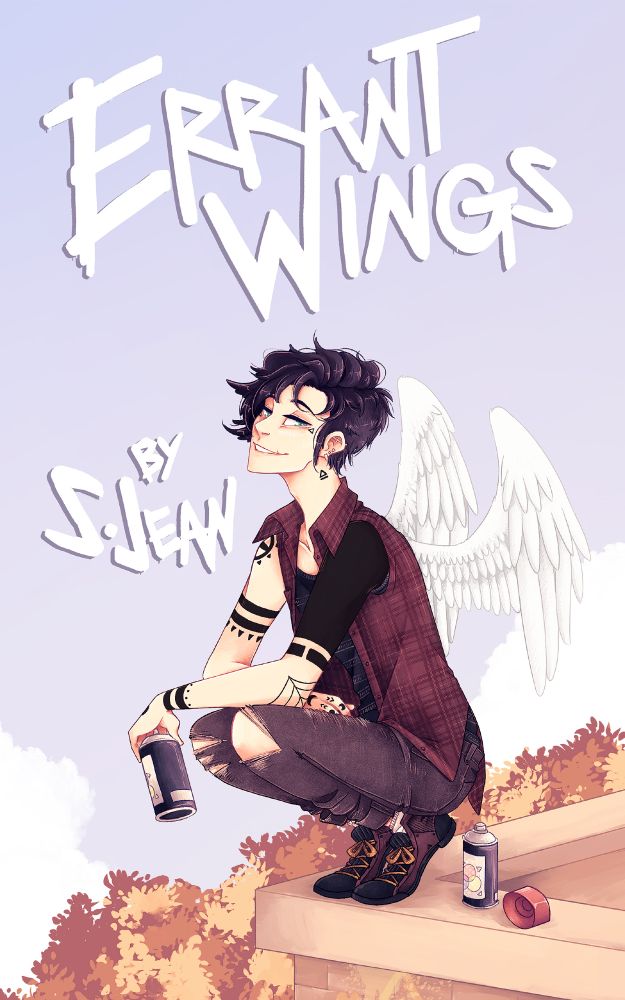 Cover illustration for Errant Wings by S. Jean. It features the main character, Asher, in the center as he kneels on the edge of a roof. He is smiling smugly at the camera and has a can of spray paint in his hand. He has black hair, pale skin, green eyes, and has black tattoos across his arms. He is wearing a sleeveless red flannel over a black tank top, brown jeans with rips in the knees, and tennis shoes. Out from his back sprouts white wings. The building beneath him is done in browns and behind it are autumn trees against a pale blue sky. The title is drawn in font reminiscent of graffiti above him with the author's name beside him.