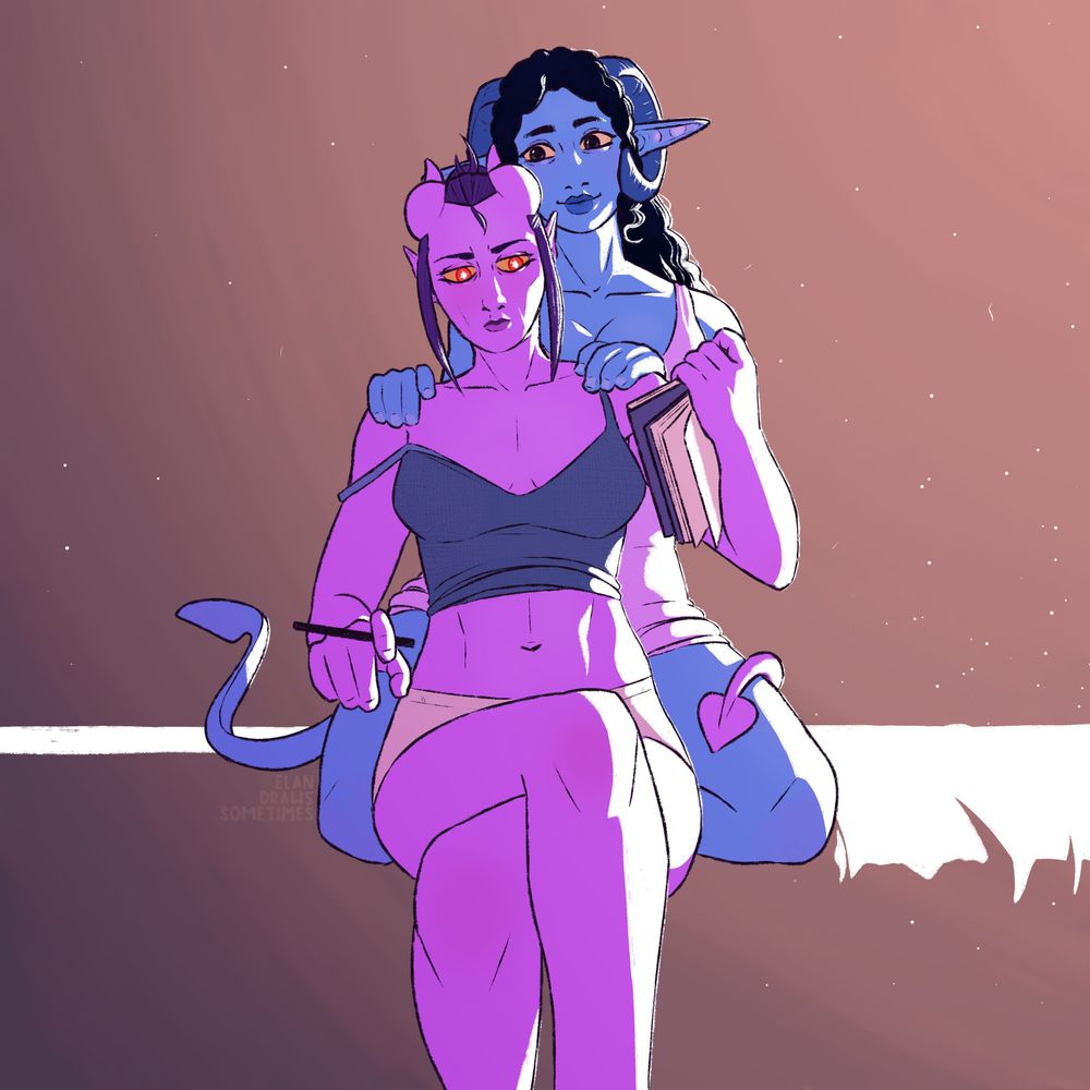 Digital art piece of a purple skinned tiefling woman (Nowhere) sitting on a bed and writing in a notebook. There's a blue skinned tiefling woman (Anna) kneeling behind her with her hands on Nowhere's shoulders.