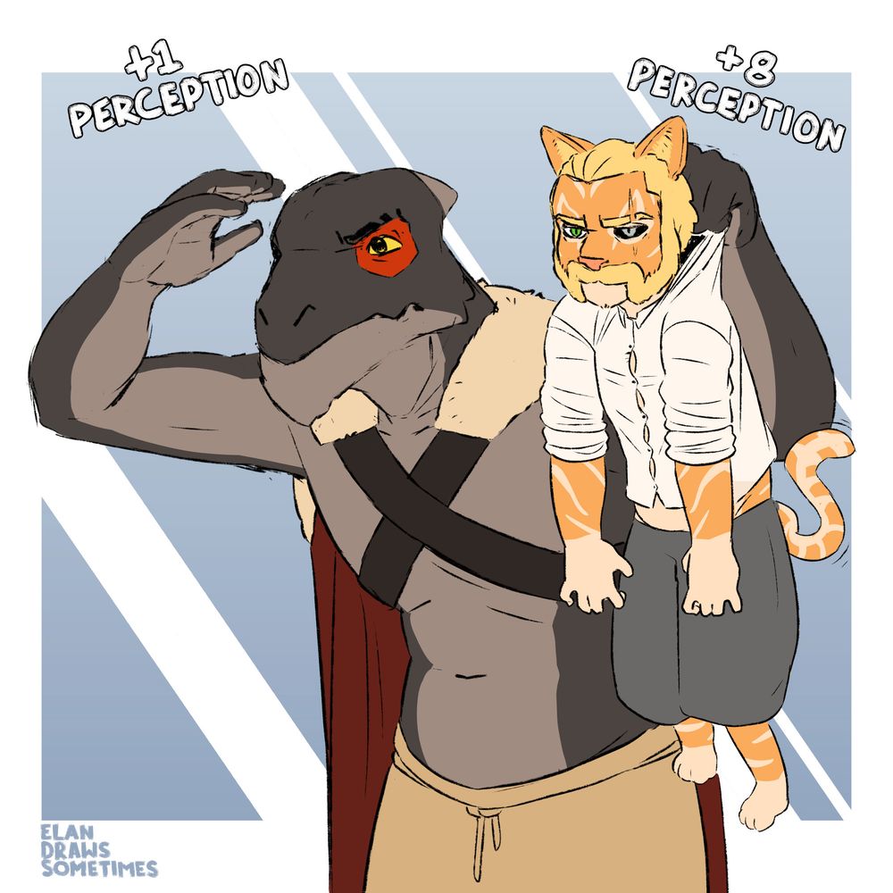 Tíg, the black dragonborn with +1 perception, looking throw a window while holding Puddy, orange tabaxi with +8 perception, by his collar to look through the same window.