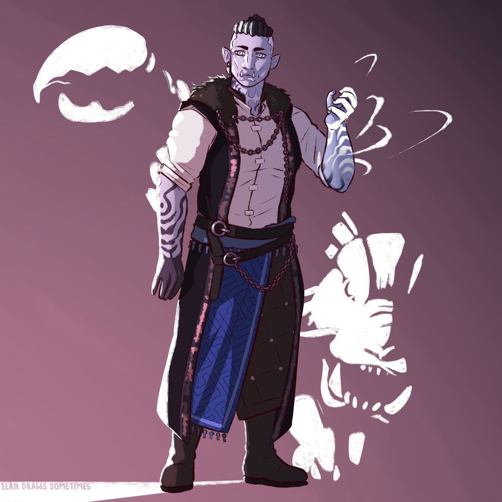 Half-orc/goliath barbarian standing with his arm raised, tiger-like tattoos glowing white on his raised arm. Behind him, the white light illuminates a monstrous tiger creature with a clawed tail, the unlit areas faded into the background.