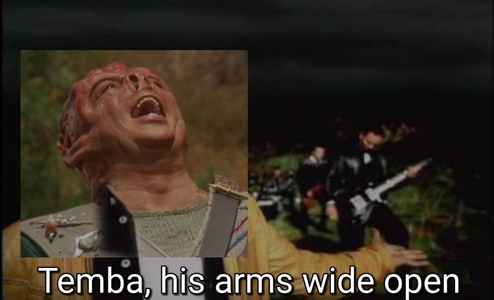 A screencap of a Creed video with Dathon's face overlayed over the lead singer with the caption "Temba, his arms wide open"