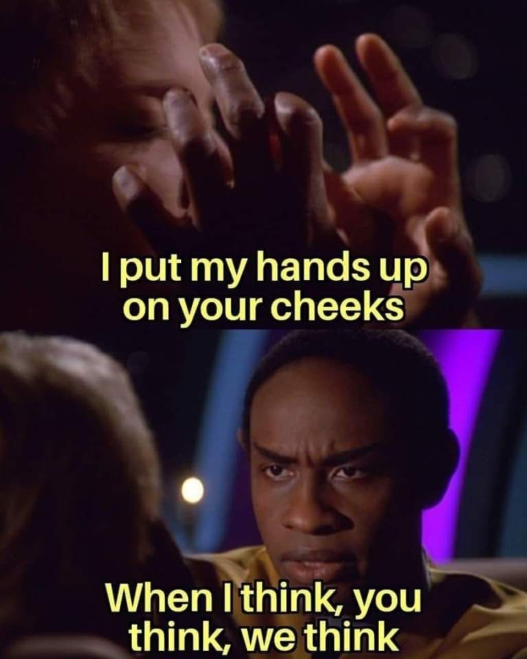 First Panel: Tuvok's hands approach Kes's face. Caption: "I put my hands up on your cheeks"
Second Panel: Tuvok's face is focusing for a Vulcan mind-meld. Caption: "When I think, you think, we think. 

Reference: https://youtu.be/dZPQdZLyHYE?si=hL8k2TWRq0gdi5cy
