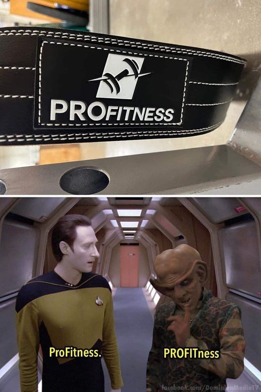 1st panel: An image of some sort of a black band that reads "PROFITNESS" with the PRO in slightly larger letters
2nd Panel: Data on the left saying "Pro Fitness" and Quark on the right saying "PROFIT ness"