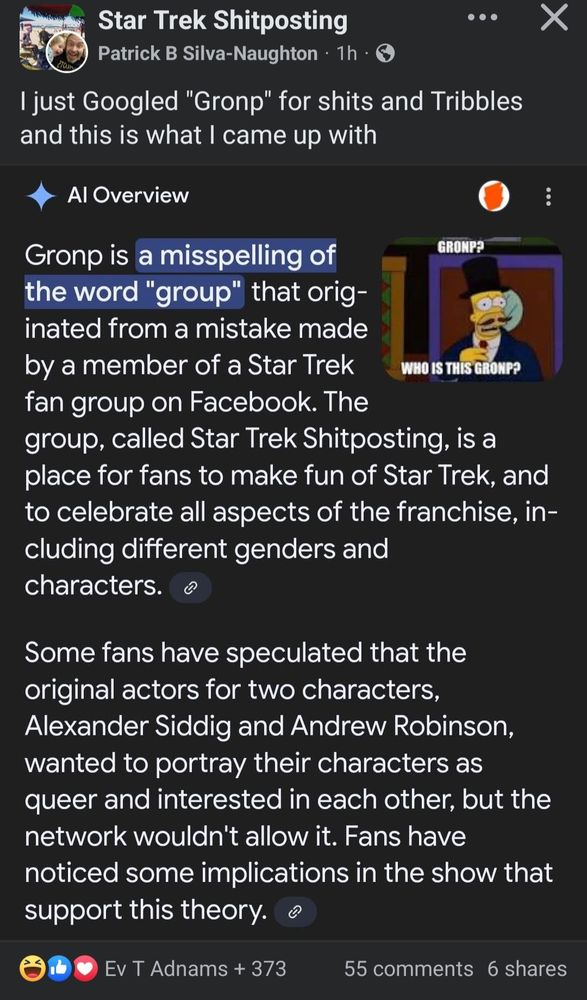 A screenshot from the Star Trek Shitposting Facebook group from member Patrick B Silva-Naughton that says: "I just Googled "Gronp" for shits and Tribbles and this is what I came up with"

Under is a screenshot of a Google AI Overview that reads: 
"Gronp is a misspelling of the word "group" that is used by a Star Trek fan group on Facebook called Star Trek Shitposting. The group makes fun of Star Trek, and includes fans of all genders and forms of Trek. 
Some say that the group is excited about an episode that includes a ship between two characters, Alexander Siddig and Andrew Robinson, because the actors wanted to portray their characters as queer but the network wouldn't allow it."
