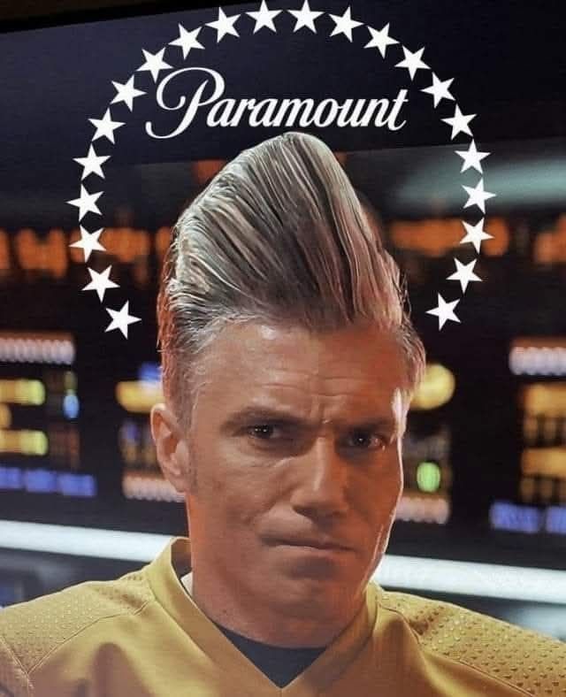 A photo of Captain Pike from Strange New Worlds with exaggerated hair to make up the mountain for Paramount's logo. Pike's Peak, as we call it
