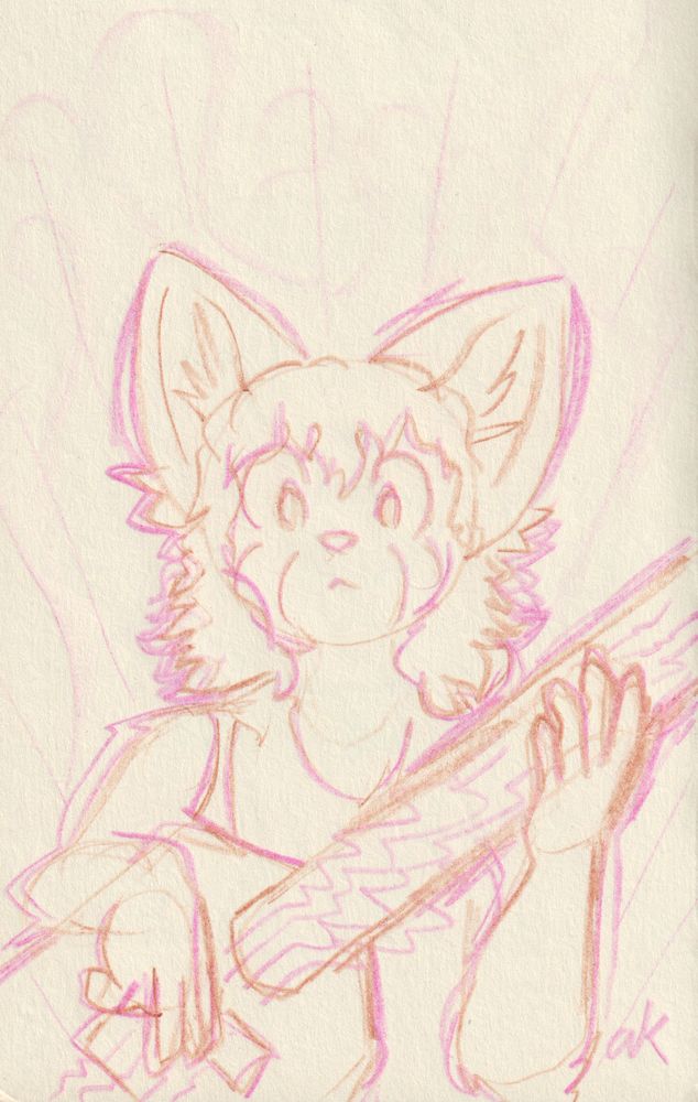 Stylized Color sketch of Alison the red panda playing a bass guitar