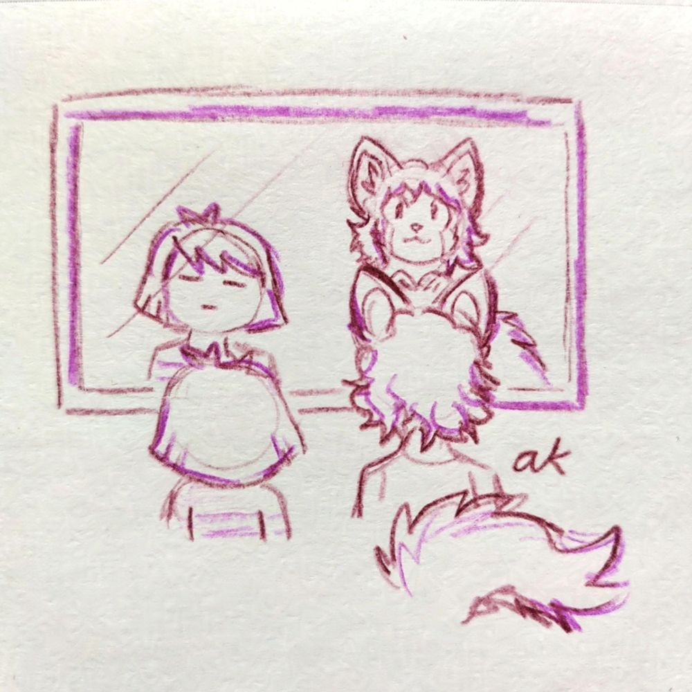 Frisk from Undertale and Alison looking at their reflections on the mirror, like in the dialog scene from the game that appears when Frisk looks at the mirror again
