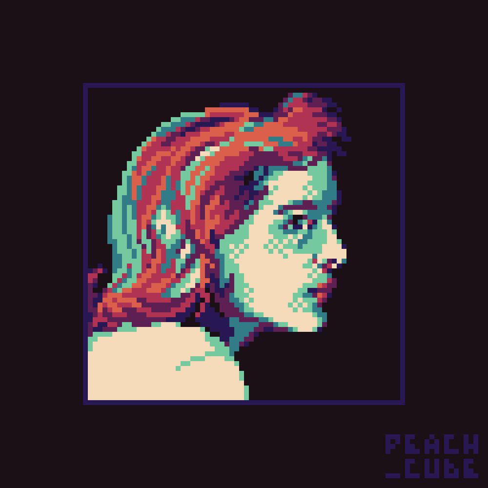 A profile portrait of actress Gillian Anderson as Dana Scully in the X-Files. The portrait is rendered in limited color pixel art in tones of white, blue, green, and orange.