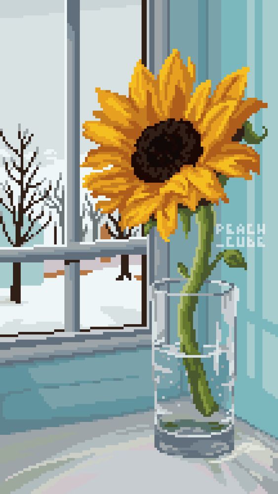 A drawing of a sunflower on a window sill, rendered in pixel art. Outside of the window is grey and covered in snow. On the ledge, a single sunflower sits in a glass of water.