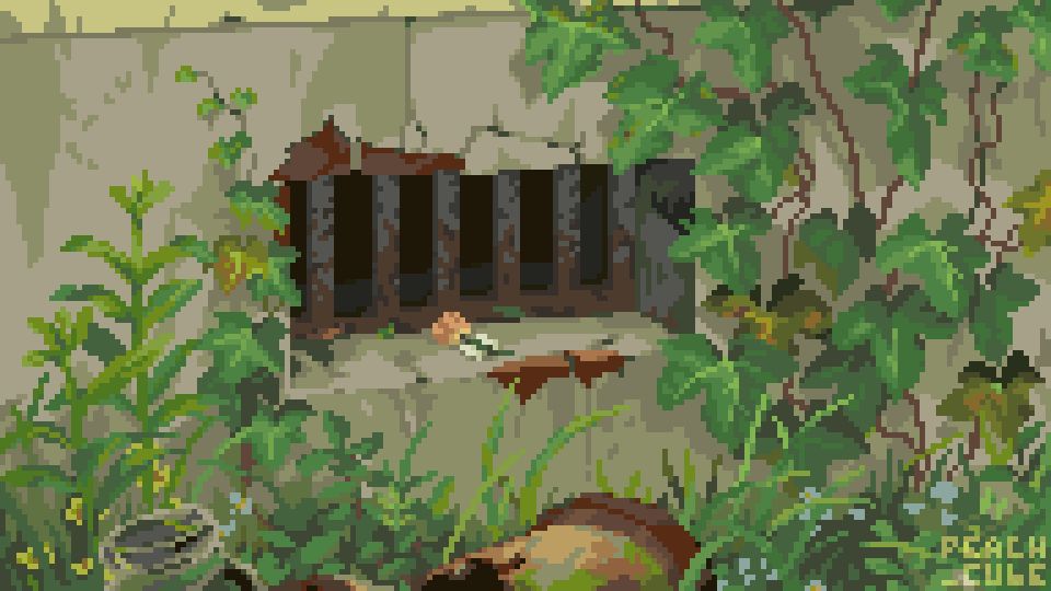 A study of a scene from Studio Ghibli's Secret World of Arrietty, rendered in pixel art. The scene shows an overgrown wall with a rusted inset grate. On the ledge is a small flower with a note tucked underneath. Vines climb up the wall, and overgrown grass covers the ground. A broken pot and discarded jar are in the foreground.