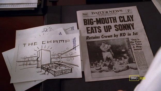 Screenshot from Mad Men displaying newspaper of Muhammad Ali winning by KO next to an ad drawing for Samsonite made by Don Draper