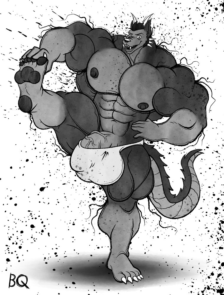 Jake Wolgon’s original character, who has huge muscles. He is lifting his leg in the air and smiling at the viewer. His cock and balls are wrapped up in a tight speedo