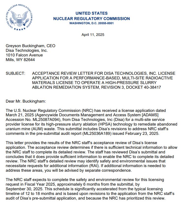  ACCEPTANCE REVIEW LETTER FOR DISA TECHNOLOGIES, INC. LICENSE APPLICATION FOR A PERFORMANCE-BASED, MULTI-SITE RADIOACTIVE MATERIALS LICENSE TO OPERATE A HIGH-PRESSURE SLURRY ABLATION REMEDIATION SYSTEM, REVISION 3, DOCKET 40-38417 
