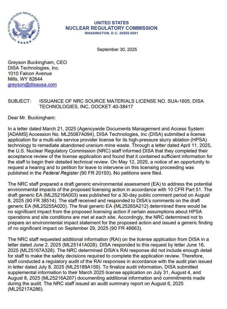 Letter from the NRC approving DISA's license application for license SUA-1605
