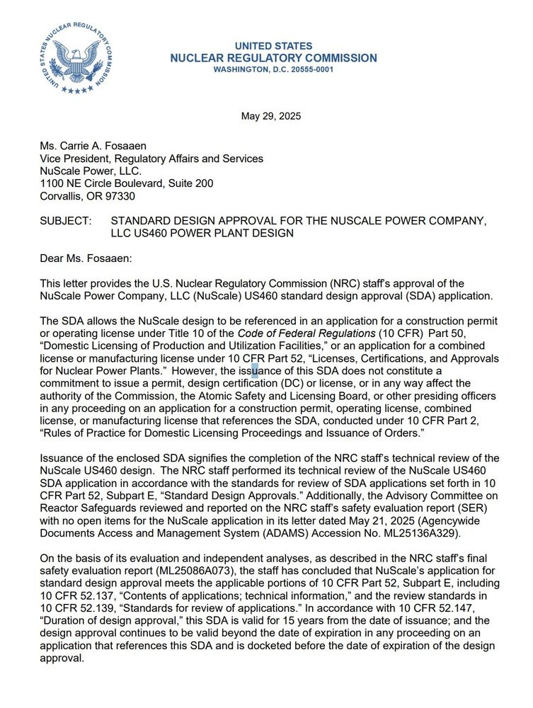 Standard Design Approval for the NuScale US460
