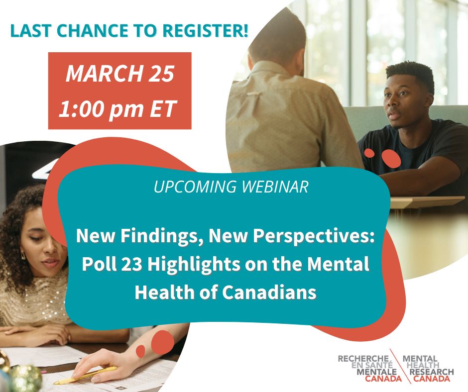 Promotional graphic for a webinar titled 'New Findings, New Perspectives: Poll 23 Highlights on the Mental Health of Canadians' scheduled for March 25 at 1:00 pm ET. Hosted by Mental Health Research Canada. Features two individuals looking at a laptop with engaged expressions.