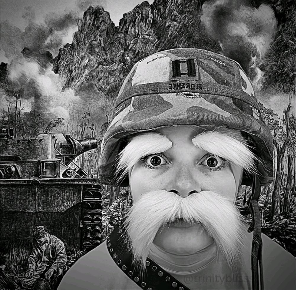 Ashby's Lorax with a soldier helmet on, in a black and white photo that mimics that one war meme picture