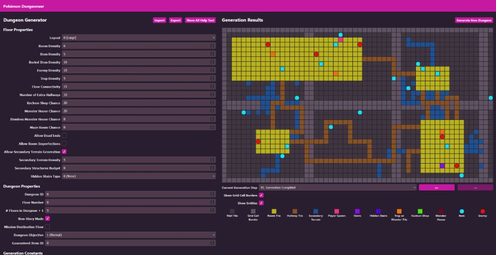 The homepage for Pokemon Dungeoneer, a tool for generating and analyzing Pokemon Mystery Dungeon: Explorers of Sky dungeon layouts.

On the right is a dungeon map, generated by the tool, with a legend for what all of the tile colors mean.

On the left is a long list of options which can be customized to generate particular kinds of dungeons the way it is done in-game.