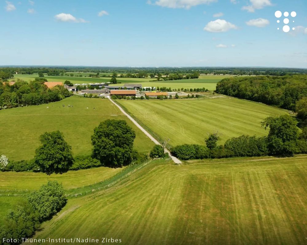 Luftaufnahme von Agrarlandschaft und einem Hof im Hintergrund