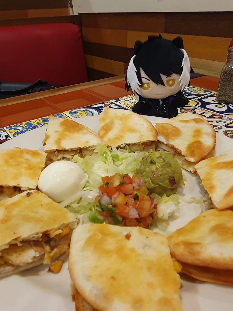 kageyama shien nui sitting behind a plate full of quesadillas