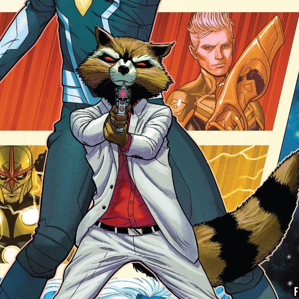 A picture from a comic panel depicting Rocket wearing a white suit and a red shirt pointing a gun at the viewer, Star Lord is posing behind him.