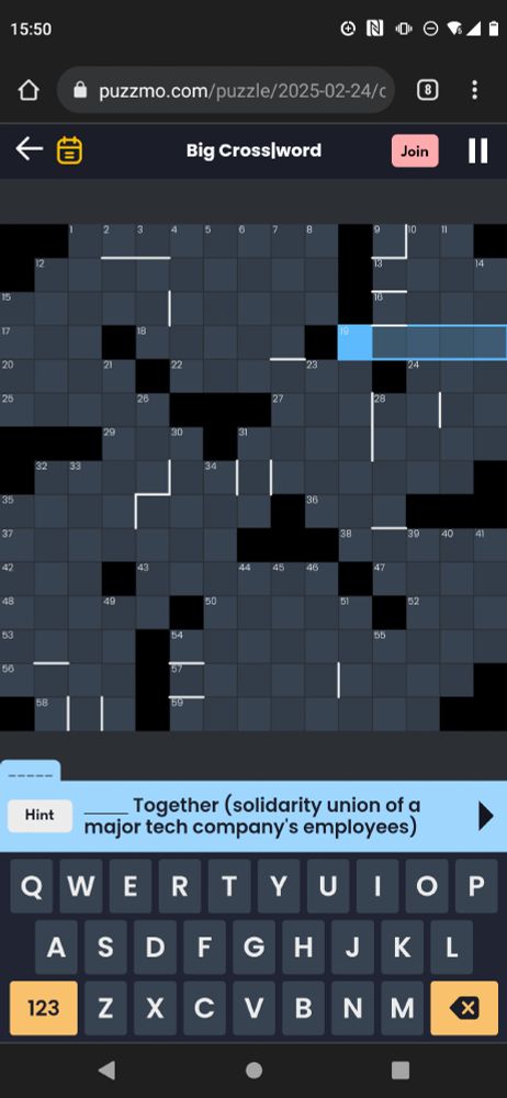 A crossword puzzle clue reading "_____ Together (Solidarity union of a major tech company's employees)"