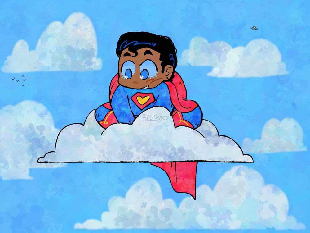 An illustration of superman sitting on a cloud. He's looking down at something off screen.