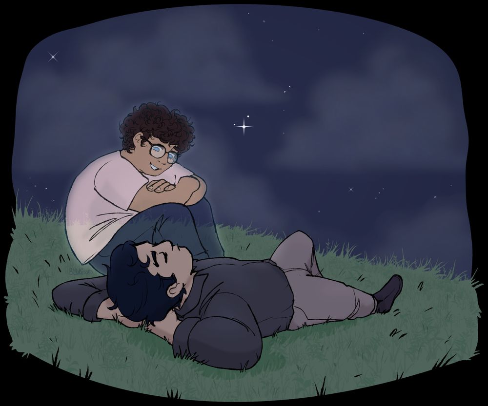 A young Bruce Wayne and Clark Kent sitting outside on the grass at night. The sky is cloudy but a few stars are showing. Bruce is lying down with his hands behind his head with a calm expression. Clark is sitting next to him with his knees close to his chest. He is smiling down at Bruce. Clark is translucent and glowing slightly, as of he's a ghost.