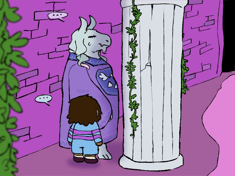 a drawing of toriel and frisk from undertale. toriel is in the ruins, standing behind a pillar. frisk is standing next to her and is looking at her. Neither of them say anything. Toriel looks a little embarrassed, and she is not looking at frisk.