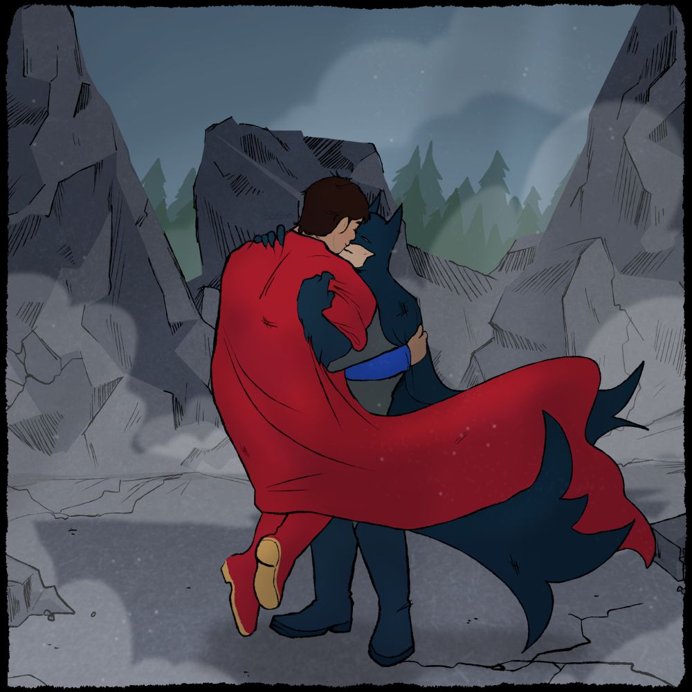 Superman and Batman stand in the middle of rubble, dust is settling around them. They are hugging each other and are face-to-face, as if they're about to kiss. Superman is hovering slightly above Batman, and their capes are wrapping around each other as the wind blows.
