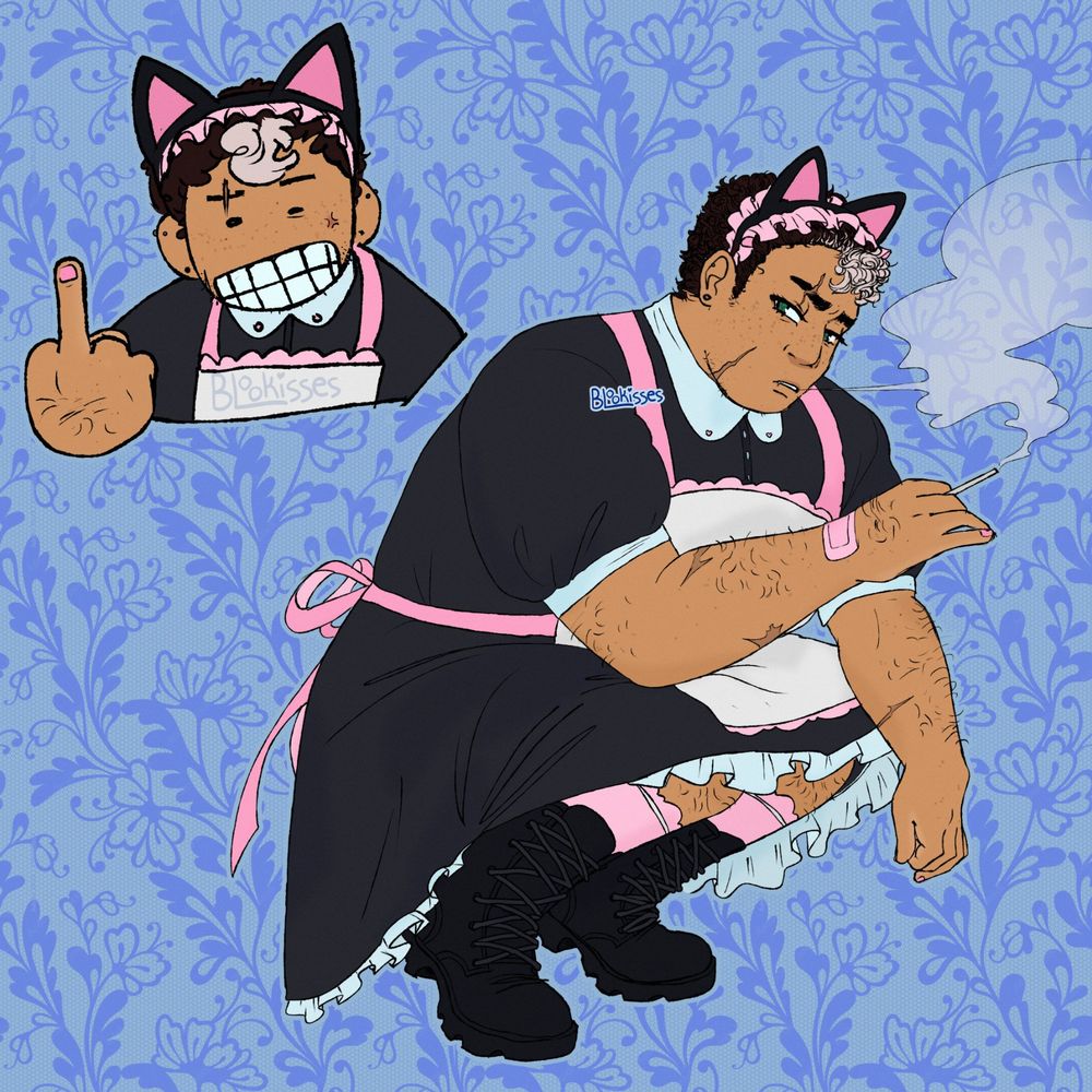 two drawings of jason todd in a maid dress and cat ear headbandf. The top left drawing is jason gritting his teeth and holding up his middle finger. The right drawing is jason squatting while smoking. he looks annoyed.