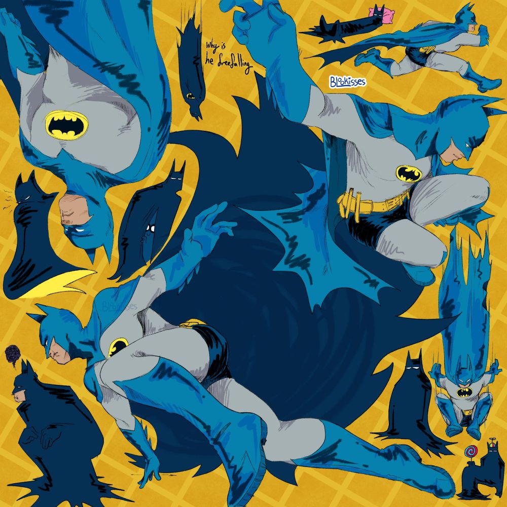 Multiple illustrations of Batman on a yellow background. He has a blue suit similar to classic comics. The three largest illustrations are Batman jumping and leaping. The rest are his silhouette looming or running. His expression is stern or angry in all of them.