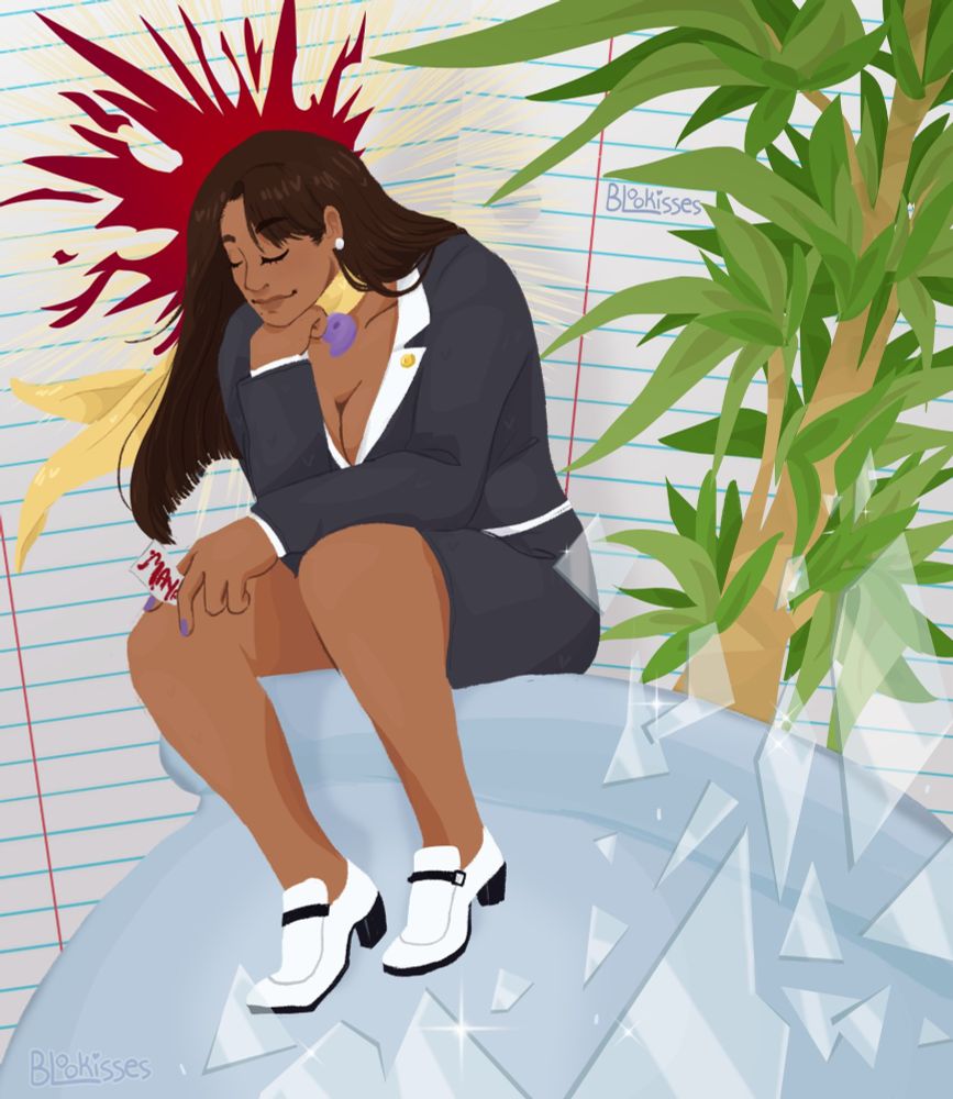 An illustration of Mia Fey from the Ace Attorney series. 
She has a calm smile on her face and her eyes are closed. She is sitting in a pose similar to The Thinker by Auguste Rodin.

She is sitting on the edge of the pot of Charley the office plant. Shattered glass is falling towards the bottom right of the illustration. She is holding a piece of paper with the name Maya written in blood. Behind her head are rays of light as well as a blood splatter, both acting as individual halos. The background of the illustration are sheets of lined paper.