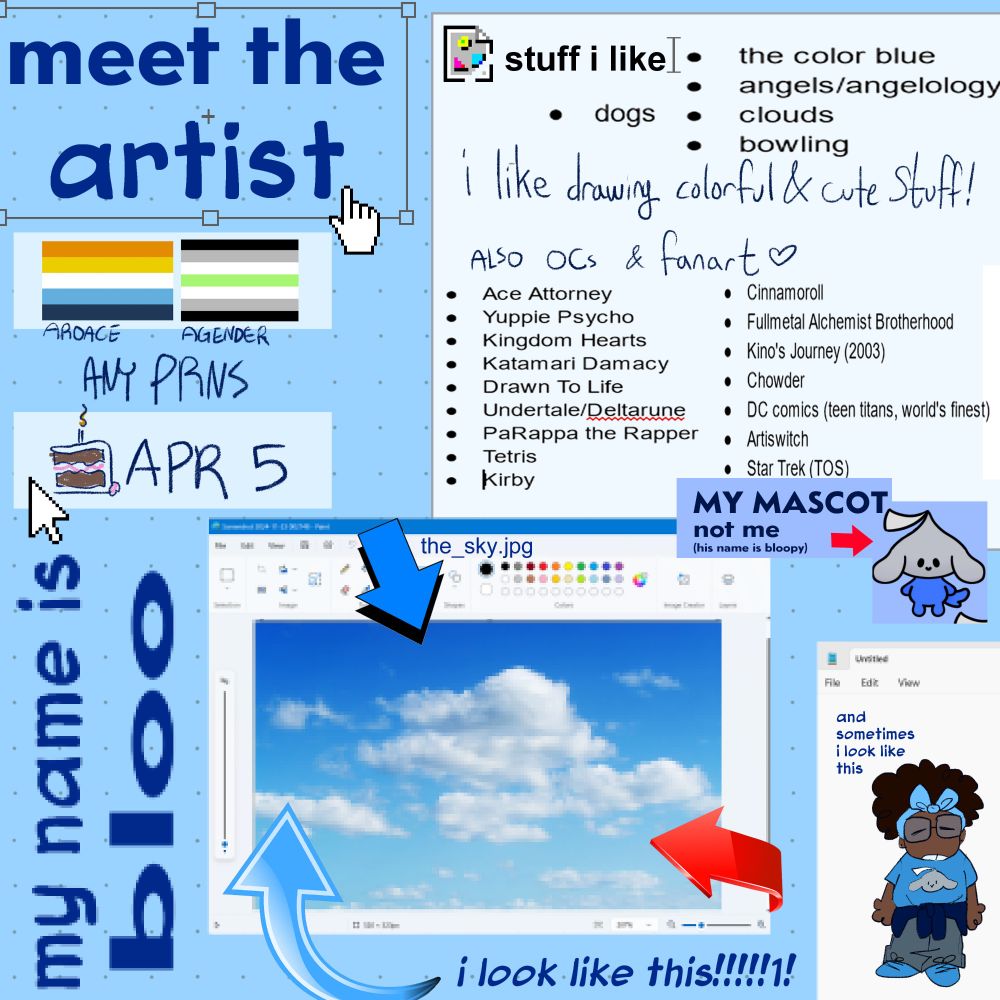 Meet The Artist introduction page. The top corner says "meet the artist" and underneath are the arcade and agender pride flags. Under that is "any pronouns" and "April 5" next to a drawing of a birthday cake. Underneath that is a sideways "my name is bloo".

 On the upper right is a square titled with "stuff I like". Bullet points listing various games and tv shows are shown, along with a handwritten note of "I like drawing cute and colorful stuff! Also OCs and fanart."

Underneath that is a picture of a puppy with a head that resembles a chocolate kiss. The words next to him are "my mascot, not me. His name is bloopy."

In the bottom middle is a picture of a bright blue sky with clouds with arrows pointing to it. The text underneath says "I look like this!" Next to that is a doodle of a person wearing a bow and glasses. It is captioned "and sometimes I look like this"