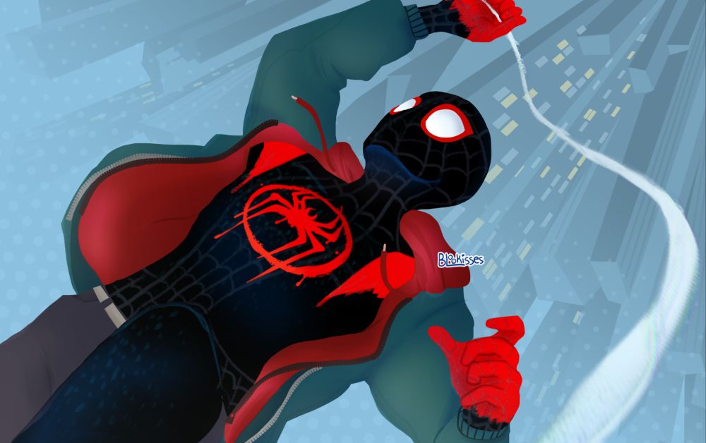 An illustration of Miles Morales from the Spiderverse series. The illustration shows similar to the "Whats up Danger" scene from Into the Spider-verse movie. Miles is falling down towards the city, the cityscape is upside-down in perspective to Miles. He has a spiderweb in his hand. He is wearing his first black suit with his jacket over it.