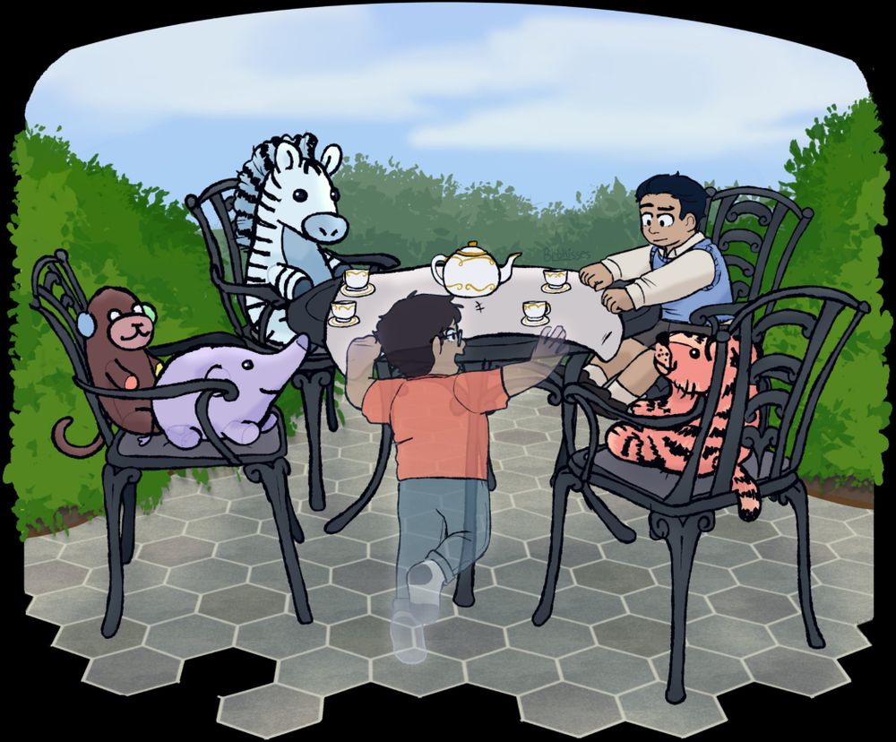 An illustration of Bruce Wayne and Clark Kent as children around a garden table. the table has several stuffed animals sitting in the chairs. Bruce is sitting ok the right, looking confused as Clark is waving at the stuffed animals. Clark is translucent and glowing slightly, as of he's a ghost.