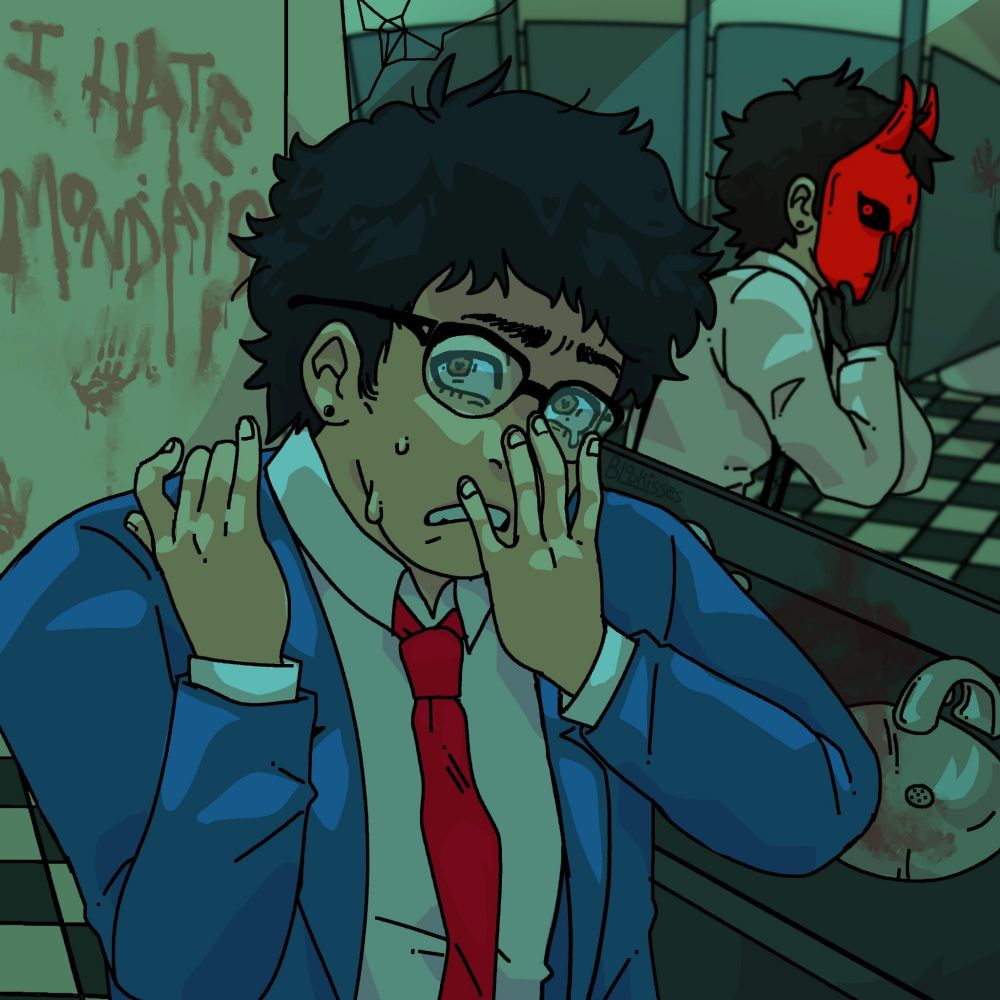 An illustration of Brian Pasternack from Yuppie Psycho. He is in a dimly lit bathroom. He is in a value suit with a red tie and glasses. He has his hand on his face, the other one resting on his own shoulder. He is sweating and looks scared.

The wall behind him has "I hate mondays" written in blood with a bloody handprint under it. The mirror above the sinks behind him shows Mr. Devil instead of his reflection. Mr. Devil has a dress shirt and suspenders, and is wearing black gloves. He also has a red devil mask over his face. He is mimicking Brian's based as if he is really his reflection. The eyes behind the mask look towards Brian.
