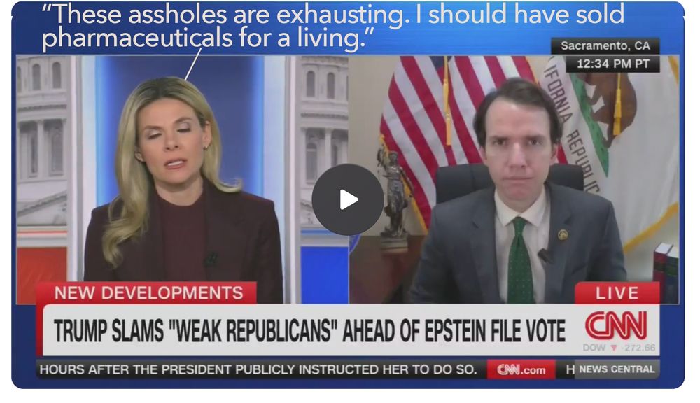 Exhausted-looking CNN anchor whose interviewee looks like he's not excited at all about answering the next question. A quote pointing to the CNN anchor says, 'These assholes are exhausting. I should have sold pharmaceuticals for a living'