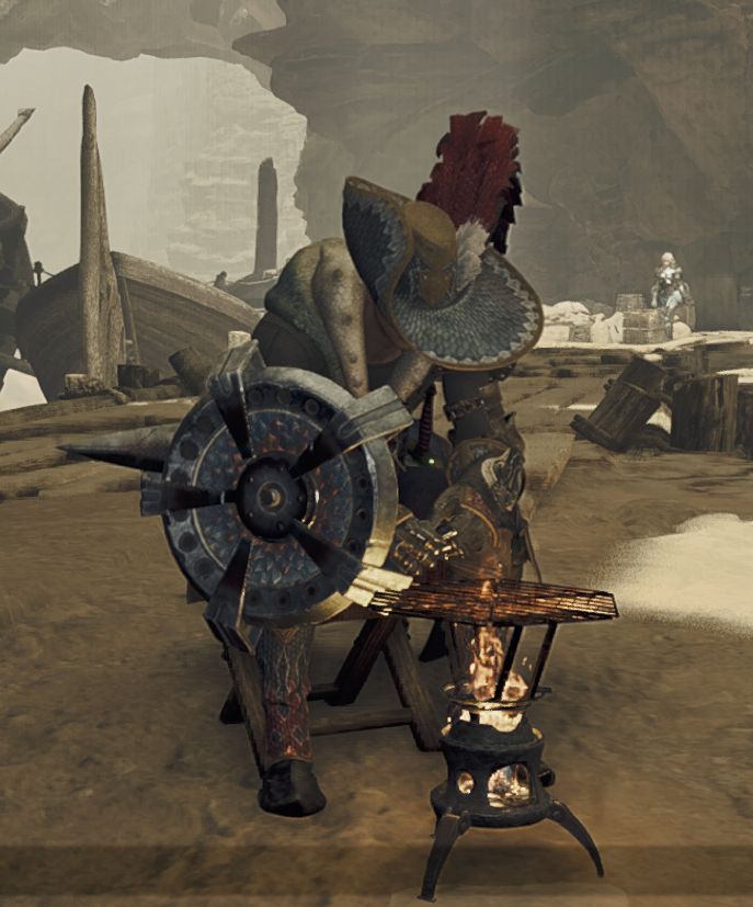 monster hunter player character with a big hat and shield sitting down near a tiny grill. the grill has a hexagonal grate over an open flame brazier