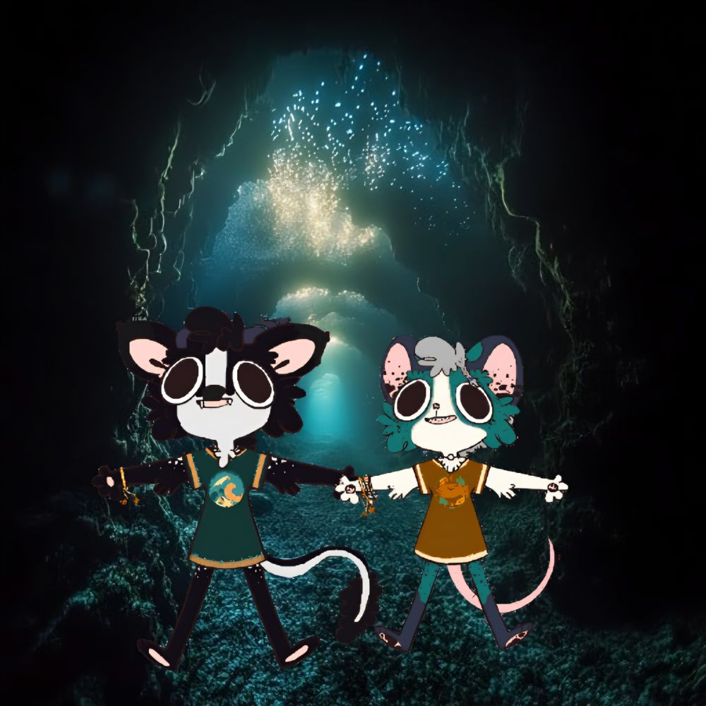 Smol goofy hybrids walking through a glow worm lit cave