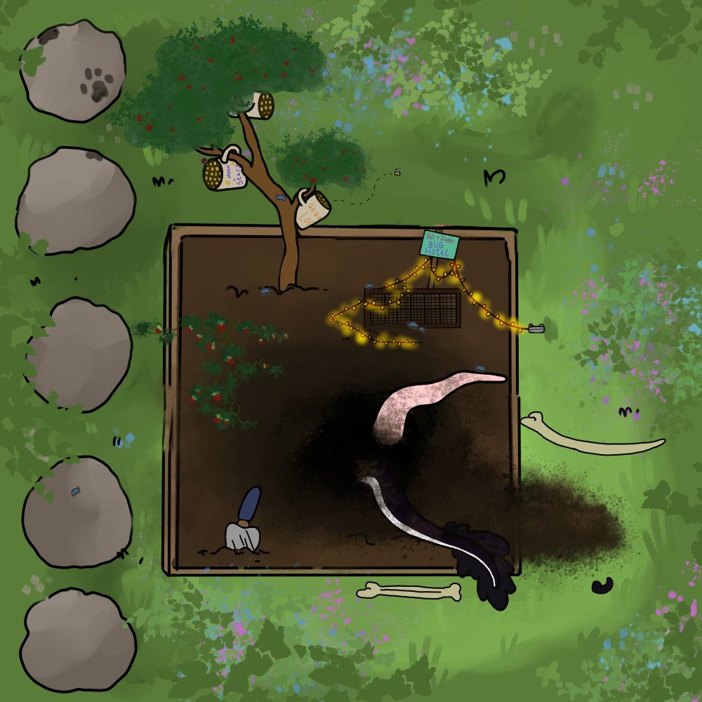 Gardening chaos, two stimnky hybrids digging out bones in the camp chimera garden lot