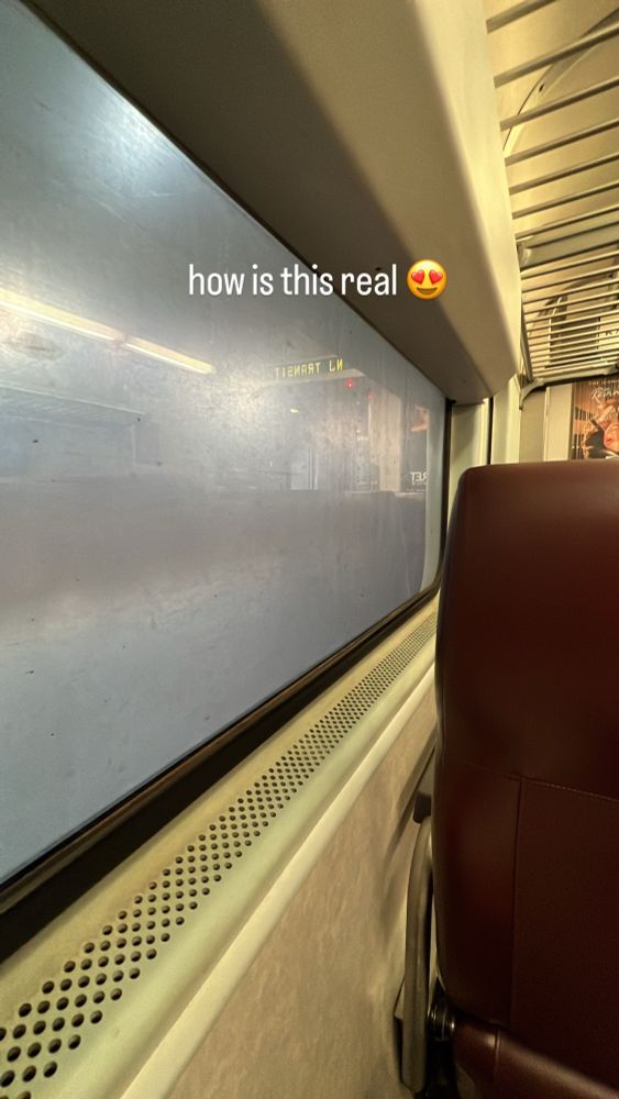 a photo of an njtransit train where the window is fogged up from the coating failing to UV light and dust. the text “how is this real 😍” appears over the image, implying the occluded view is beautiful